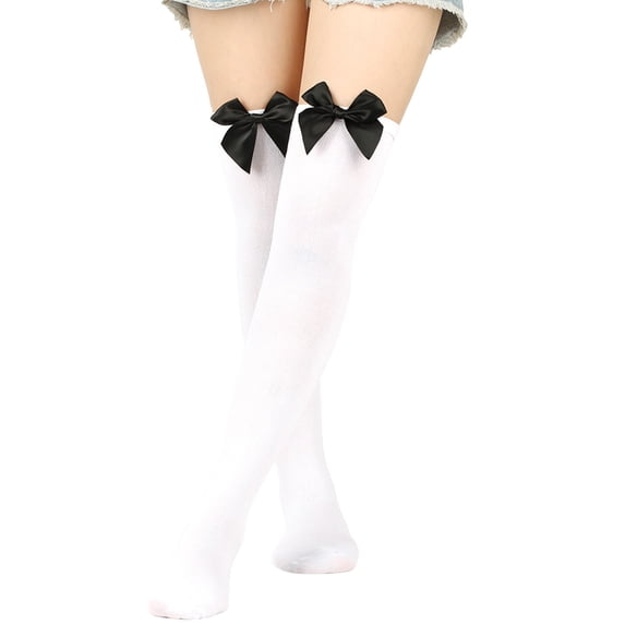YVNAURA Thigh High Socks for Women with Bowknot Over Knee Stockings Cute Ribbon Bow Design Stretchy Soft Breathable One Size Long Socks for Christmas Holiday Party Cosplay, White,One Size