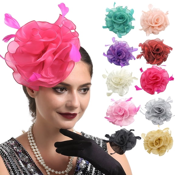 YVNAURA Vintage Fascinator Hat for Women Tea Party Headwear Mesh Feather Hair Clip & Headband Wedding Cocktail 1920s Derby Church Flower Pillbox Headpiece One Size, Hot Pink,One Size