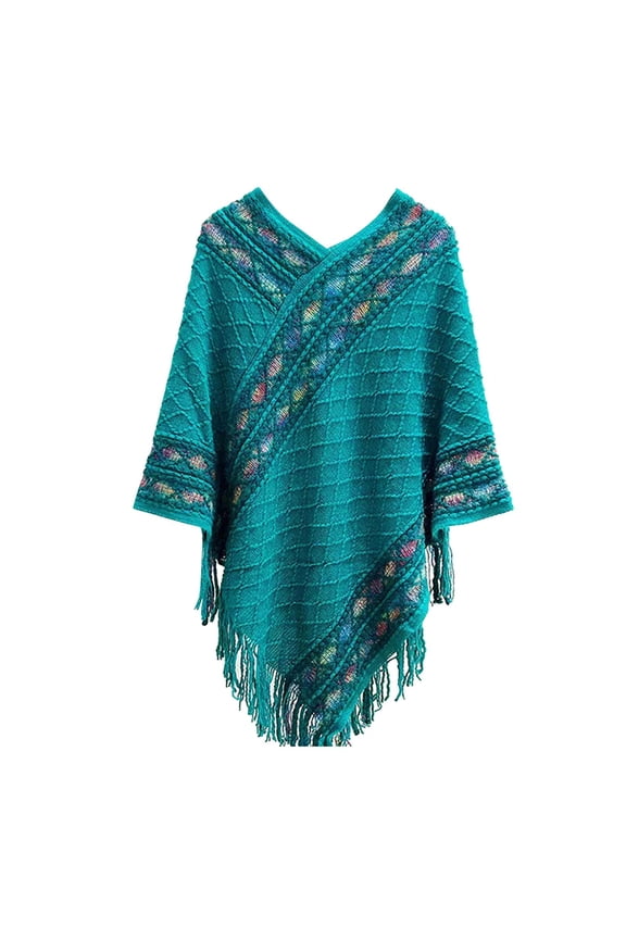 Vintage Winter Shawl for Women Tassel Fringe Wrap Soft Warm Oversized Poncho Cape Exotic Pattern Pullover Scarf for Evening Dress Wedding Party Daily Travel Gift, Blue,One Size