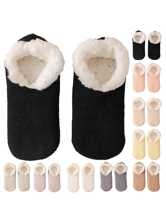 Warm Plush Slipper Socks for Women 1 Pair Thick Fleece Lined Lambswool Home Floor Socks Non Slip Cozy Fuzzy Bed Sleeping Socks Winter House Socks Gift, Black,One Size