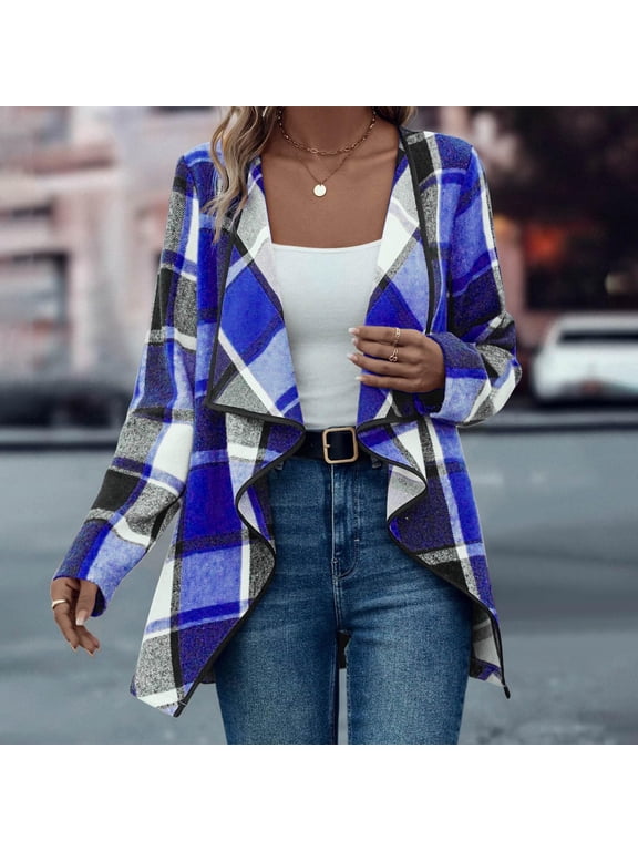 Waterfall Collar Plaid Cardigan for Women Open Front Long Sleeve Draped Loose Fit Irregular Hem Shawl Collar Knit Sweater Coat Casual Fall Winter Oversized Trendy, Blue,XL