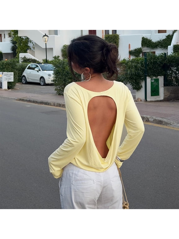 Women Backless Crop Top Loose Fit Long Sleeve Going Out Tops Ribbed Knit Blouse Open Back Casual Crewneck Pullover Trendy Y2K Clubwear Streetwear Tee Daily Night Out, Light Yellow, L
