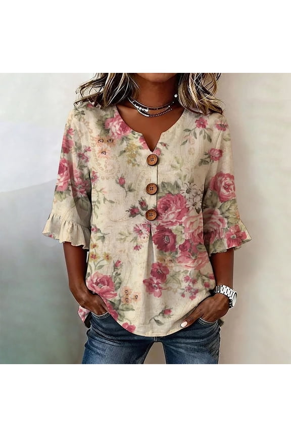 Women Boho Floral Blouse 2026 V Neck 3/4 Sleeve Button Front Loose Fit Art Print Top Lightweight Flowy Casual Summer Shirt for Garden Party Cottagecore Daily, Hot Pink, M