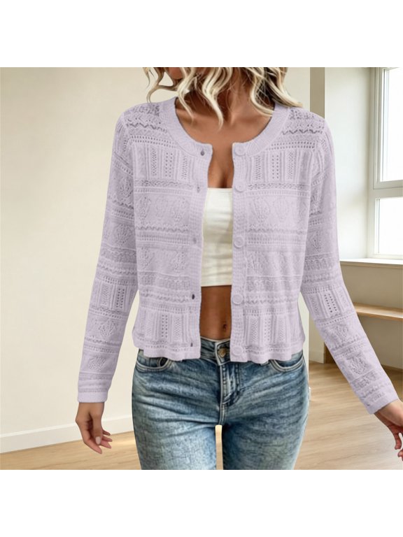Women Cardigan Crochet Lace Cropped Round Neck – Button Front Hollow Out Long Sleeve Lightweight Sheer Open Front Sweet Summer Spring Shrug Jacket, Purple,M
