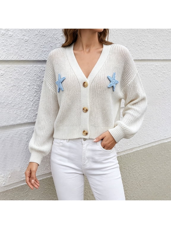 Women Cardigan Sweaters Crochet Star Applique V Neck Button Front – Cropped Oversized Chunky Knit Long Sleeve Open Front Loose Boho Casual Fall Winter Outerwear, White,L