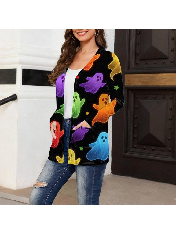 Women Cardigan Sweaters Halloween Ghost Print Open Front – V Neck Long Sleeve Mid Length Loose Lightweight Knit Casual Fall Outfits Outerwear with Pockets, Colorful,M