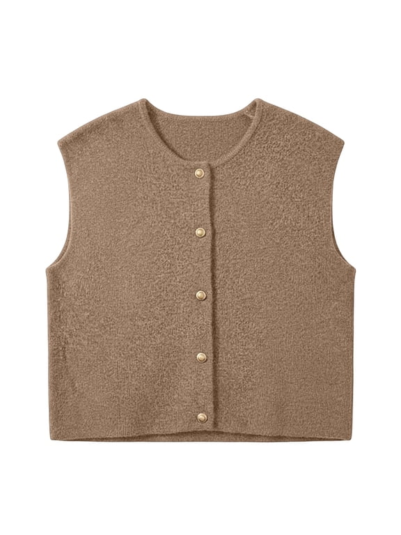 Women Cardigan Sweaters Sleeveless Vest Round Neck – Button Down Open Front Loose Knit Lightweight Casual Spring Fall Outerwear, Coffee,S