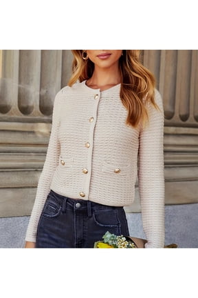 Women Crew Neck Gold Button Cropped Cardigan Jacket – Tweed Inspired Open Front Lightweight Long Sleeve Knit Office Casual Fall Winter Outerwear with Decor Pockets, Beige,S