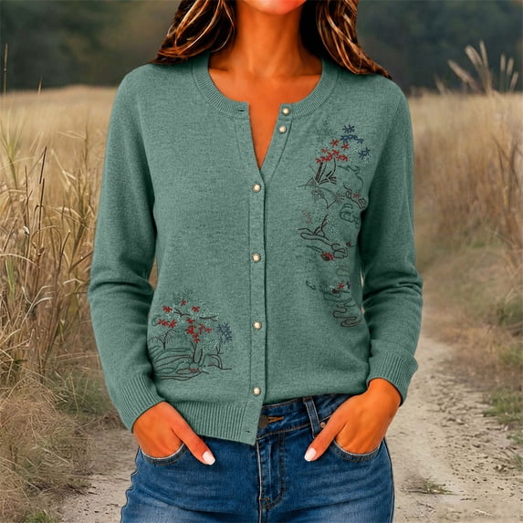 YVNAURA Women Floral Embroidered Crew Neck Button Front Cardigan – Notched Round Neck Long Sleeve Loose Lightweight Open Front Vintage Boho Casual Spring Fall Sweater, Green,XXL