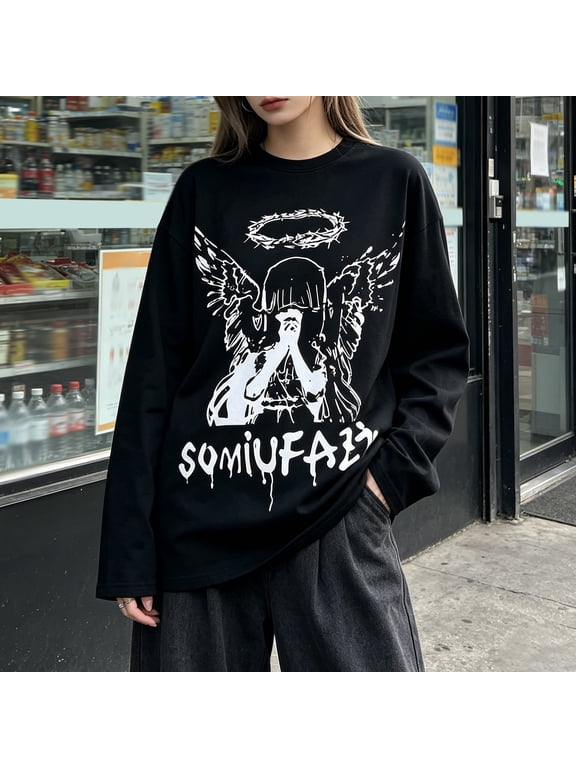 Women Gothic Long Sleeve Top Oversized Anime T Shirt Harajuku Streetwear Grunge Baggy Tee Y2K Emo Clothes Dark Academia Aesthetic 90s Retro Casual Sport Pullover, Black, L