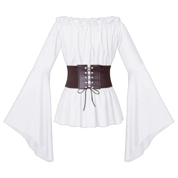 YVNAURA Women Medieval Pirate Shirt Renaissance Blouse Off Shoulder Peasant Top Gothic Vampire Steampunk with Bell Sleeve Smocked Waist for Cosplay Stage, White,XXL