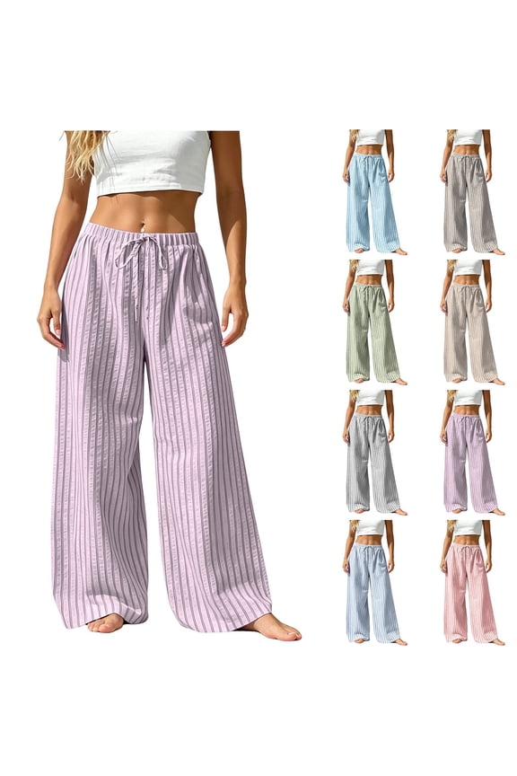 Women Seersucker Striped Pants Elastic High Waist Drawstring Straight Leg Casual Trousers with Pockets Lightweight Loose Fit Beach Summer Travel Lounge Pants, Light Ashy,L