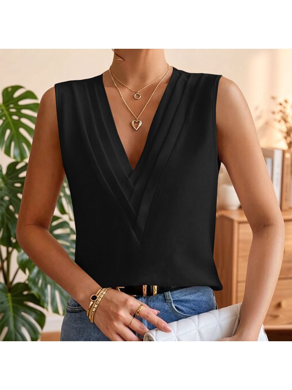Women Summer Triple V Neck Chiffon Tops Sleeveless Business Blouse 2026 Layered V Neck T Shirt Lightweight Breathable Loose Fit Casual Work Office Outfit Vacation Beach, Black,S