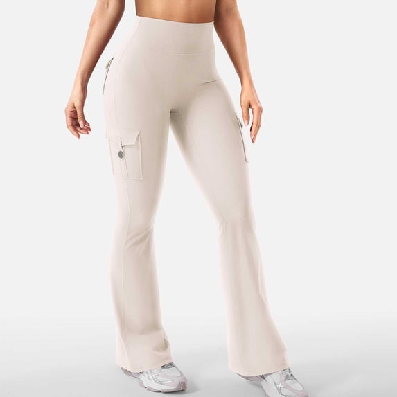 YVNAURA Women Workout Flare Leggings High Waisted Cargo Yoga Pants with Pockets Wide Leg No Front Seam Hidden Scrunch Butt Lifting for Gym Casual Wear, Beige,XL