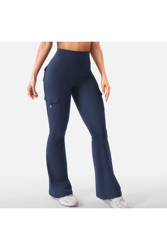 Women Workout Flare Leggings High Waisted Cargo Yoga Pants with Pockets Wide Leg No Front Seam Hidden Scrunch Butt Lifting for Gym Casual Wear, Navy,M