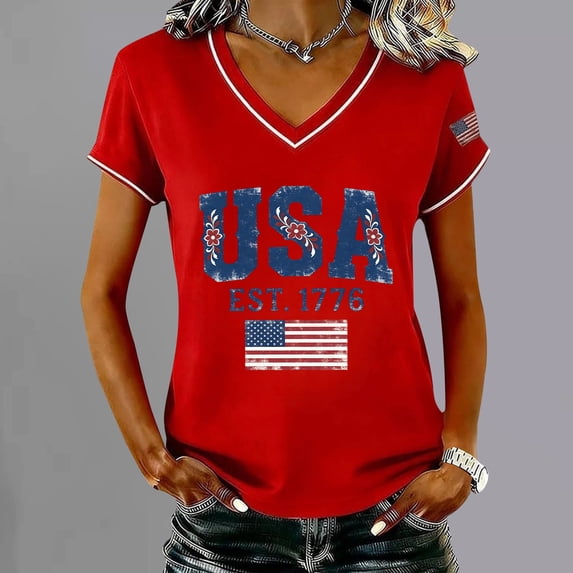 YVNAURA Women's 250 Years of Freedom V Neck T Shirt 250th Anniversary America 2026 Semiquincentennial Patriotic Top USA Flag Graphic Family Shirts for Independence Day, Red, XL
