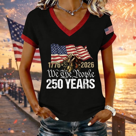 YVNAURA Women's 250th Anniversary V Neck T Shirt America 250 Semiquincentennial 1776-2026 USA Flag Patriotic Tee Family Heritage Gift for Mom Wife 4th of July, Black, L