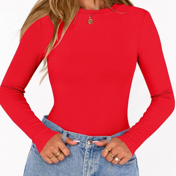 YVNAURA Women's Bodysuit Long Sleeve Ribbed Bodysuit for Women Slim Fit Tops 2026 Fall Winter Bodysuit Basic Layering Tops Fashion Winter Clothing Soft Stretchy, Red,S
