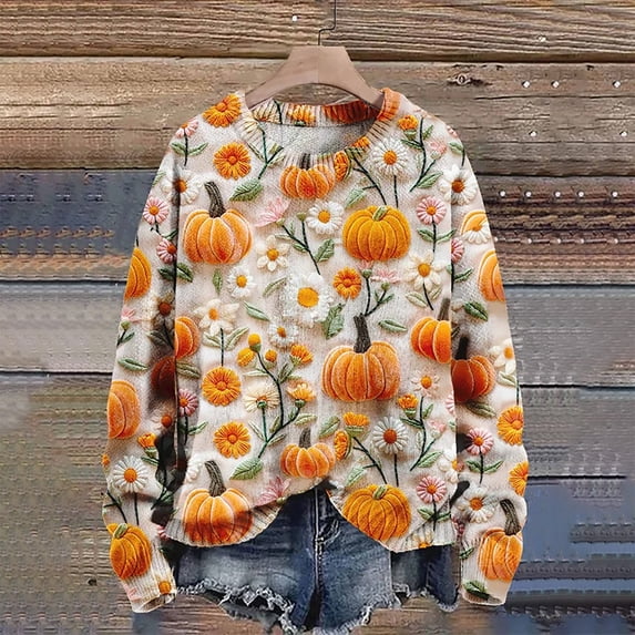 YVNAURA Women’s Casual Comfort Pumpkin Graphic Sweatshirt Crewneck Long Sleeve Pullover Loose Fit Fall Tops Cute Pumpkin Spice Sweater for Autumn Thanksgiving Daily Wear 1 Pack, Yellow,XXXL