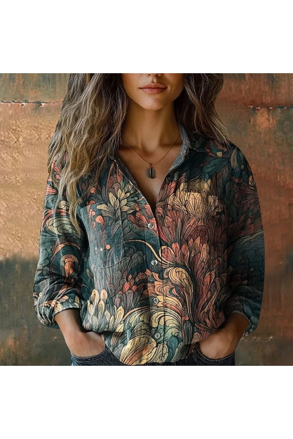 Women's Casual Dressy Long Sleeve Cotton Button Down Blouse V Neck Printed Collared Shirt Loose Fit Tunic Top with Curved Hem Roll Up Sleeve Work Wear, Navy,L