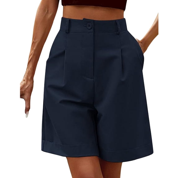 YVNAURA Women's Casual Knee Length Shorts Wide Leg Elastic Waist Drawstring Summer Bermuda Shorts with Pockets Lightweight Flowy Beach Vacation Resort Wear 2026,Navy,S