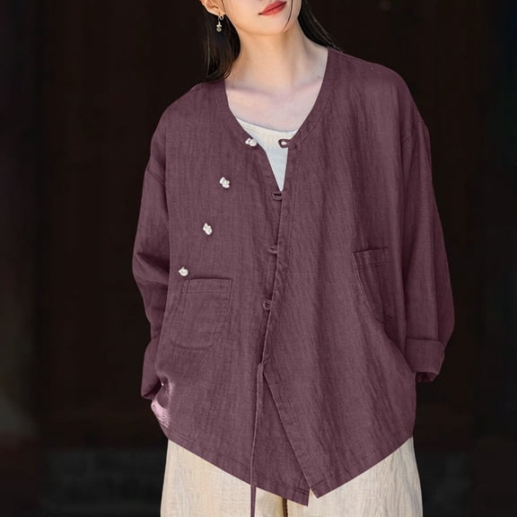 YVNAURA Women's Cotton Linen Zen Style Cardigan Long Sleeve Wrap Front Irregular Hem Button Open Front 2026 Summer Lightweight Breathable Loose Fit Vintage Chinese Costume Shirt Tops, Purple,XXXXL