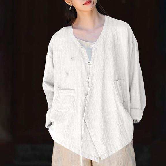 YVNAURA Women's Cotton Linen Zen Style Cardigan Long Sleeve Wrap Front Irregular Hem Button Open Front 2026 Summer Lightweight Breathable Loose Fit Vintage Chinese Costume Shirt Tops, White,XXXXL