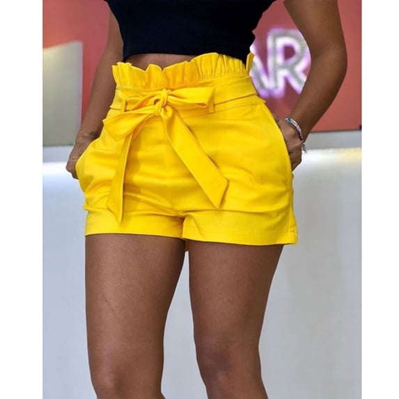 YVNAURA Women's Crochet Knit Shorts for Summer Hollow Out High Waist Bikini Beach Swim Cover Ups Elastic Drawstring Pool Lounge Bottoms,Yellow,L