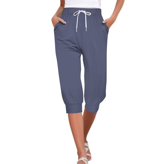 YVNAURA Women's Cropped Cotton Pants with Pockets, 2026 Summer 3/4 Length Elastic Drawstring High Waisted Casual Capri Pants for Women, Loose Fit Over The Knee Lounge Travel Pants,Navy,L