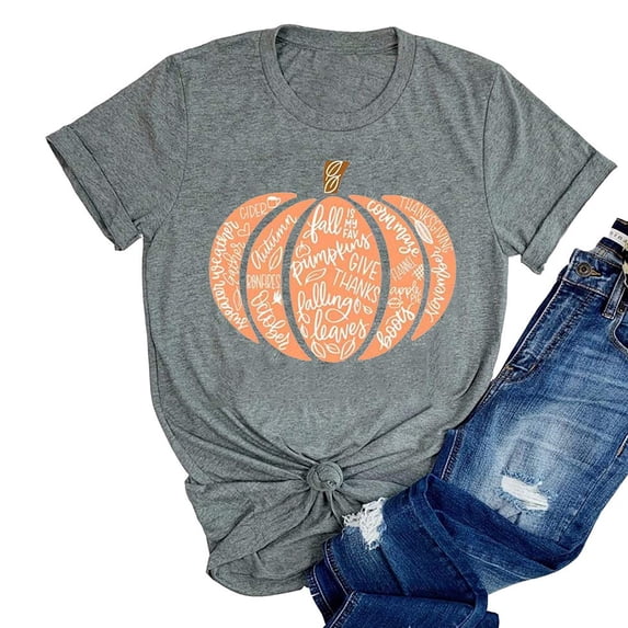 YVNAURA Women‘s Fall Shirts Pumpkin Graphic Tee Halloween Tops for Women Thanksgiving Shirts Autumn Graphic Tees Casual Fall T-Shirt Short Sleeve Crew Neck Top, Dark Gray,XXL