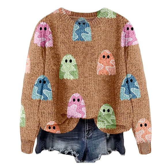 YVNAURA Women’s Funny Pumpkin Graphic Knitted Pullover Sweater Crewneck Outfit Cozy Warm Fall Winter Spooky Season Top Casual Halloween Daily Wear 1 Pack, Khaki,XXL