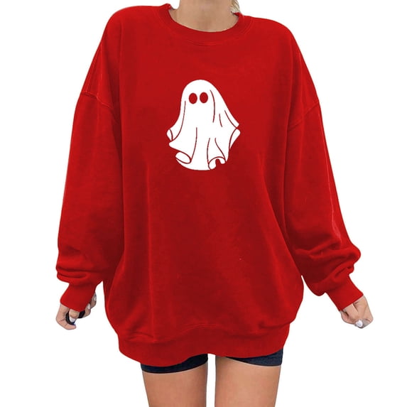 YVNAURA Women's Halloween Ghost Face Oversized Sweatshirt Long Sleeve Crew Neck Pullover Tops Graphic Horror Print Loose Fit Fall Outfits for Women Spooky Season Tee, Red,XL