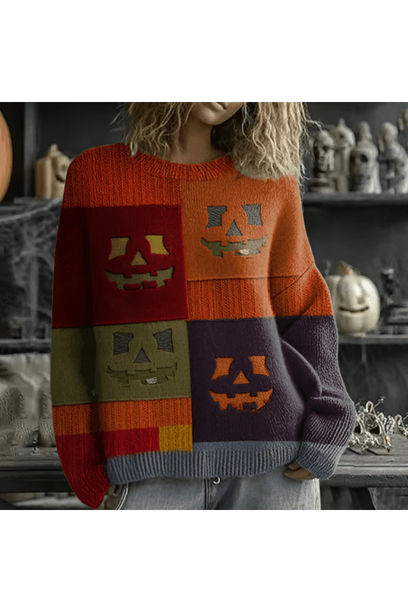 Women‘s Halloween Patchwork Print Pumpkin Knit Sweater Color Block Crewneck Pullover Loose Fit Casual Fall Spooky Season Top for Party Daily Wear 1 Pack, Orange,L