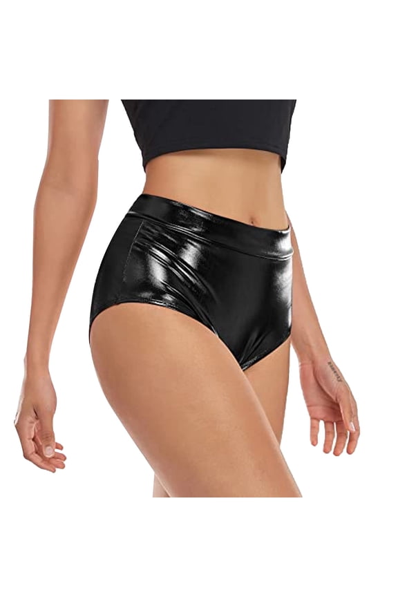 Women's High Rise Shiny Faux Leather Shorts Metallic High Waisted PU Elastic Waist Gloss Coated Rave Clubwear Party Bottoms,Black,M