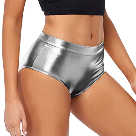 YVNAURA Women's High Rise Shiny Faux Leather Shorts Metallic High Waisted PU Elastic Waist Gloss Coated Rave Clubwear Party Bottoms,Grey,M