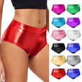 thumbnail image 1 of YVNAURA Women's High Waisted Metallic Faux Leather Shorts Shiny PU High Rise Elastic Waist Gloss Coated Shorts for Party Club Rave Night Out Outfits,Red,L, 1 of 8