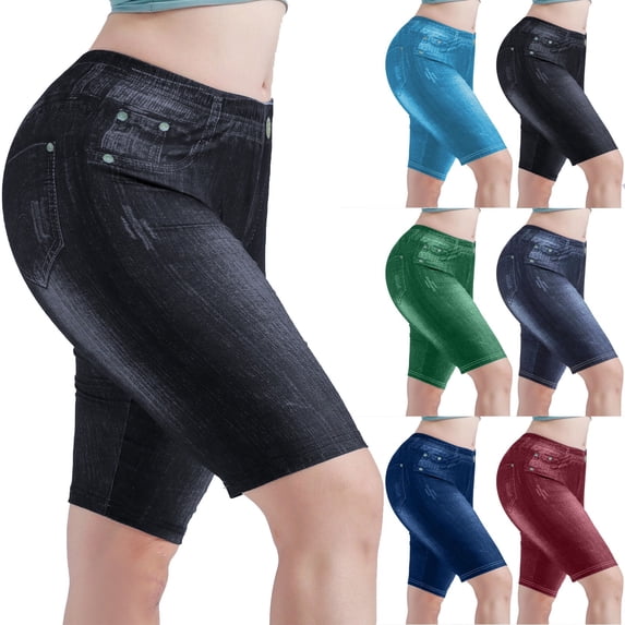 YVNAURA Women's High Waisted Pull On Shorts Tummy Control Faux Denim Stretchy Slim Fit Shapewear Shorts with Pockets for Daily Summer Casual,Black,L