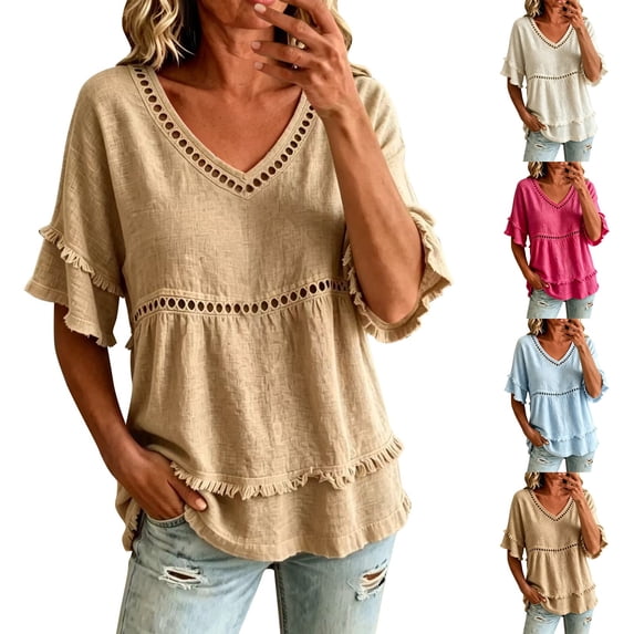 YVNAURA Women's Lace Eyelet Blouse V Neck Short Sleeve Fringe Trim Linen Top Bohemian Casual Summer Breathable Cotton Top, Khaki,L
