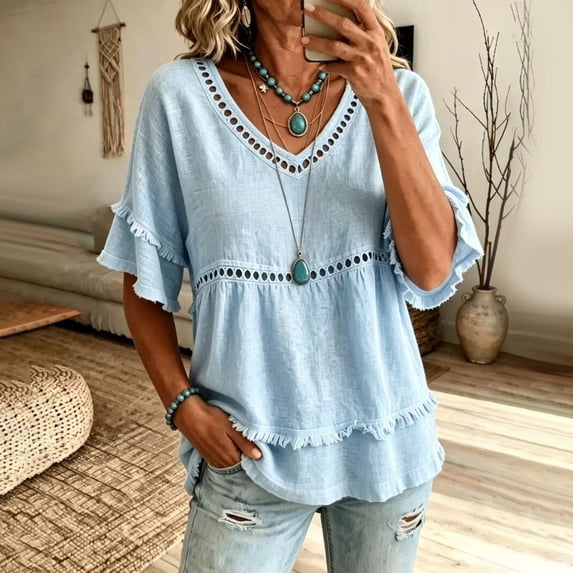 YVNAURA Women's Lace Eyelet Blouse V Neck Short Sleeve Fringe Trim Linen Top Bohemian Casual Summer Breathable Cotton Top, Light Blue,L