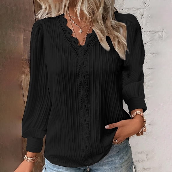 YVNAURA Women's Lace Inset Blouse V Neck Long Sleeve Boho T Shirt Loose Casual Top Lace Patchwork Peasant Blouse Cotton Blend Soft Flowy Tee Summer Fall Outfit, Black,XXXXL