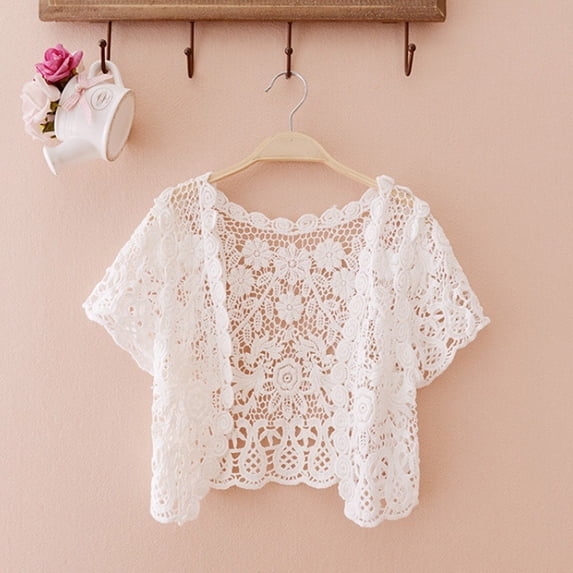 YVNAURA Women's Lightweight Cotton Lace Cardigan Short Bat Sleeve Loose Fit Open Front Shawl Embroidered Hollow Out Cardigan for Spring Summer Beach Cover Up, White,A
