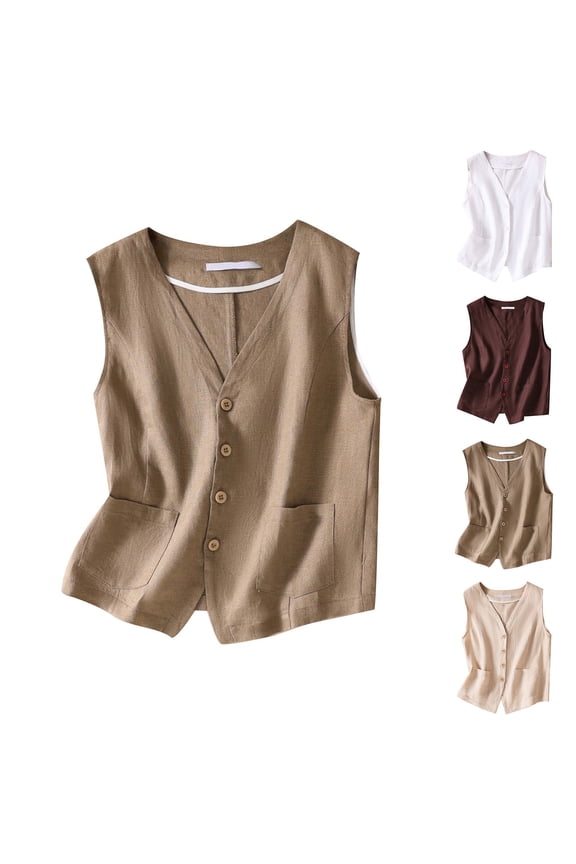 Women's Lightweight Linen Waistcoat V Neck Button Down Sleeveless Business Casual Blazer Jacket Soft Tailoring Vest Trendy 2026 Summer Clothes, Khaki,L