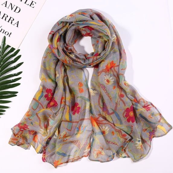 YVNAURA Women's Long Printed Scarf Lightweight Soft Floral Spring Summer Shawl Wrap Sheer Sunscreen UV Protection Scarf Casual Travel Beach Gift for Women, Grey,One Size