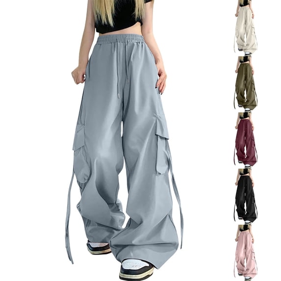 YVNAURA Women's Loose Fit Wide Leg Pants with Pockets High Waisted Baggy Cargo Trousers Streetwear Hip Hop Joggers Drawstring Elastic Waist Summer Work Casual Pants Y2K Style S-XXL, Blue,L