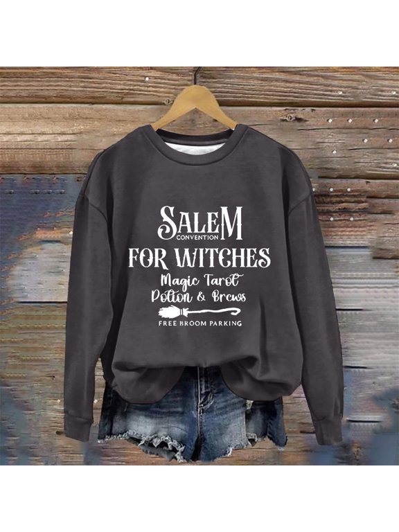 Women's Magic Tarot & Potion Embroidered Sweater Salem Witch Letter Hooded Round Neck Pullover Witchy Aesthetic Cottagecore Fall Spooky Season Convention Top 1 Pack, Dark Gray,M