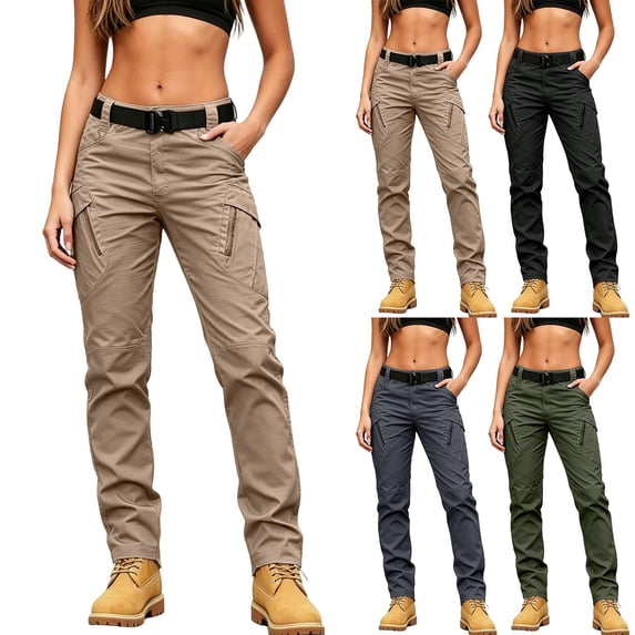 YVNAURA Women's Multi Pocket Work Pants Straight Leg Cargo Trousers with 7 Pockets High Waisted Casual Outdoor Commuting Versatile Lightweight Pants for Hiking Travel Office S-XXL, Khaki,L