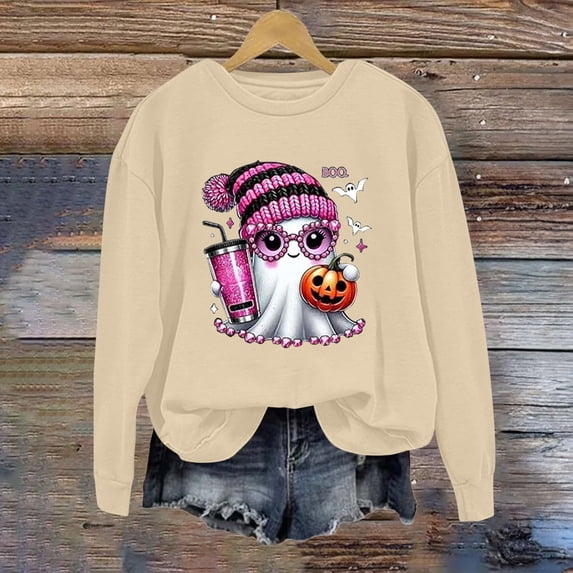 YVNAURA Women’s Oversized Funny Halloween Graphic Sweatshirt Crewneck Long Sleeve Pullover Cute Fall Loose Fit Spooky Season Top Casual Party 1 Pack, Beige,L