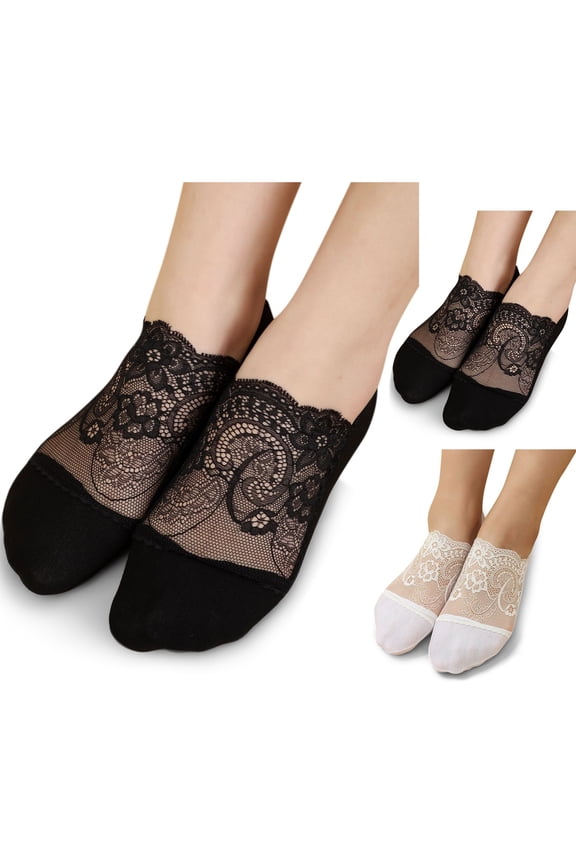 Women's Pearl Lace Socks Breathable Ballerina Socks Non Slip Low Cut Ankle Socks Transparent Sheer Invisible No Show Socks with Silicone Grips for Loafers High Heels Flats, Black,One Size