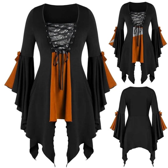 YVNAURA Women‘s Plus Size Flare Sleeve Gothic Lace Blouse Sequined Tunic Top Victorian Renaissance Shirt Black Long Sleeve for Halloween Cosplay Steampunk Party 1 Pack, Orange,XXXXXL