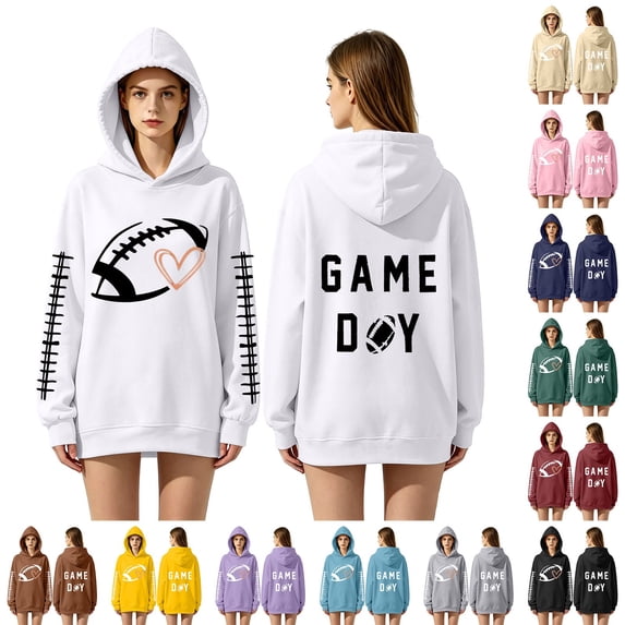 YVNAURA Women's Plus Size Football Sweatshirt Hoodie Fleece Pullover with Pocket Oversized Fall 2026 Trendy Hooded Sweater Cozy Game Day Casual Long Sleeve Top, White,L